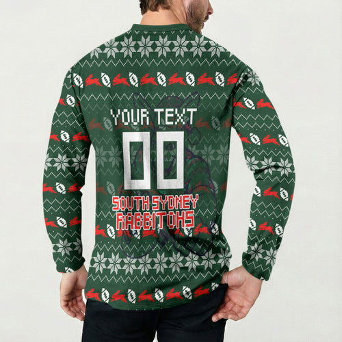 Personalized South Sydney Rabbitohs Christmas Button Sweatshirt Australian Rugby Fans - Pixelated Ugly Xmas Pattern Mascot Santa