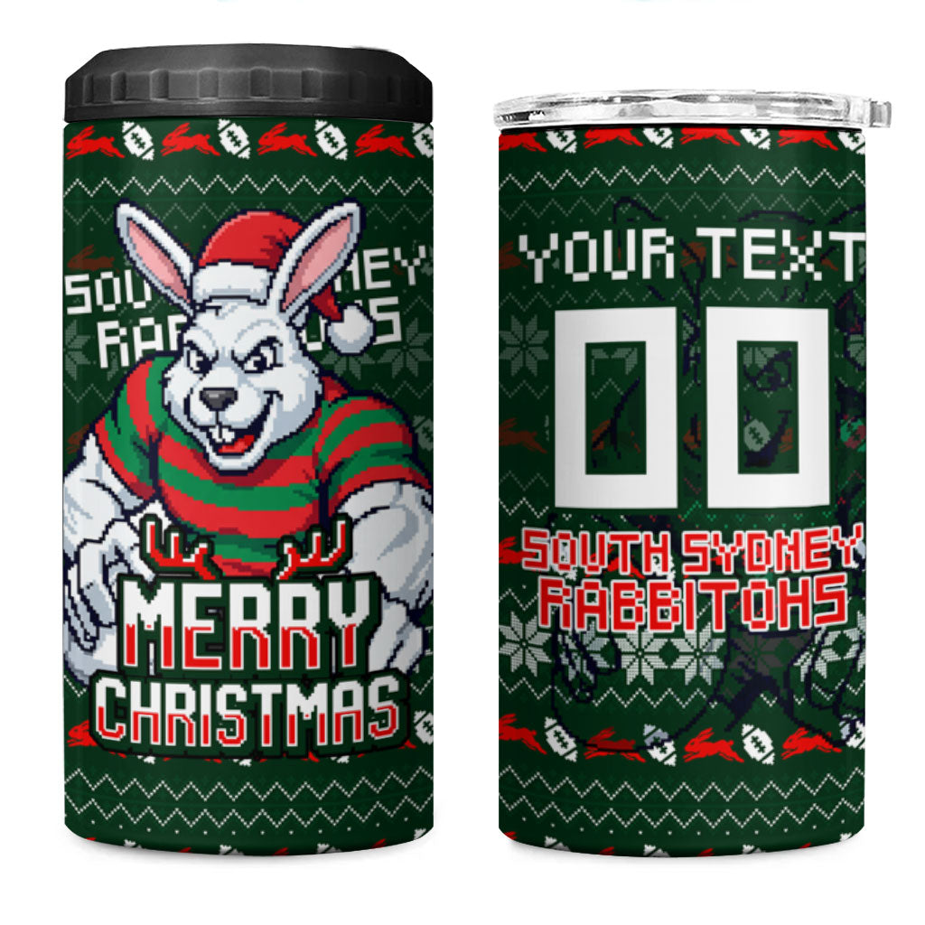 Personalized South Sydney Rabbitohs Christmas 4 in 1 Can Cooler Tumbler Australian Rugby Fans - Pixelated Ugly Xmas Pattern Mascot Santa