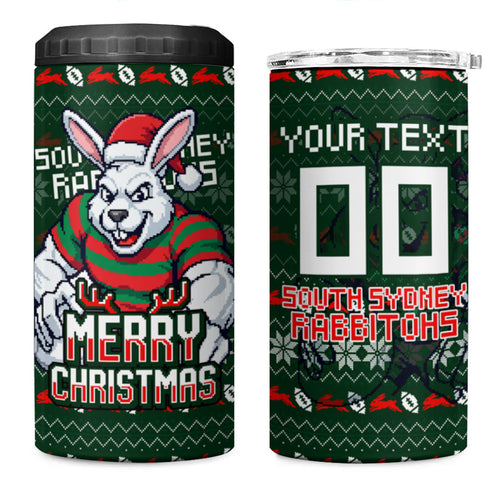 Personalized South Sydney Rabbitohs Christmas 4 in 1 Can Cooler Tumbler Australian Rugby Fans - Pixelated Ugly Xmas Pattern Mascot Santa