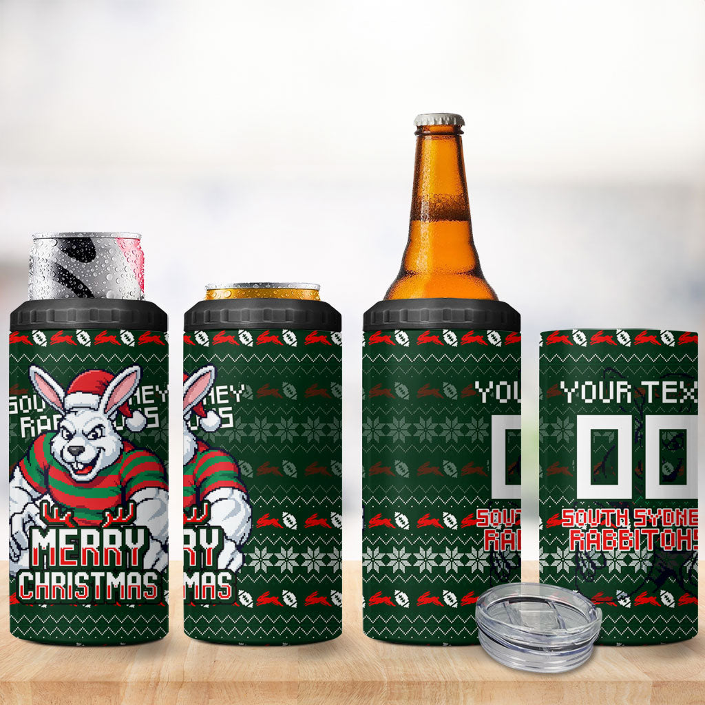 Personalized South Sydney Rabbitohs Christmas 4 in 1 Can Cooler Tumbler Australian Rugby Fans - Pixelated Ugly Xmas Pattern Mascot Santa
