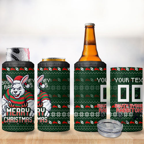 Personalized South Sydney Rabbitohs Christmas 4 in 1 Can Cooler Tumbler Australian Rugby Fans - Pixelated Ugly Xmas Pattern Mascot Santa