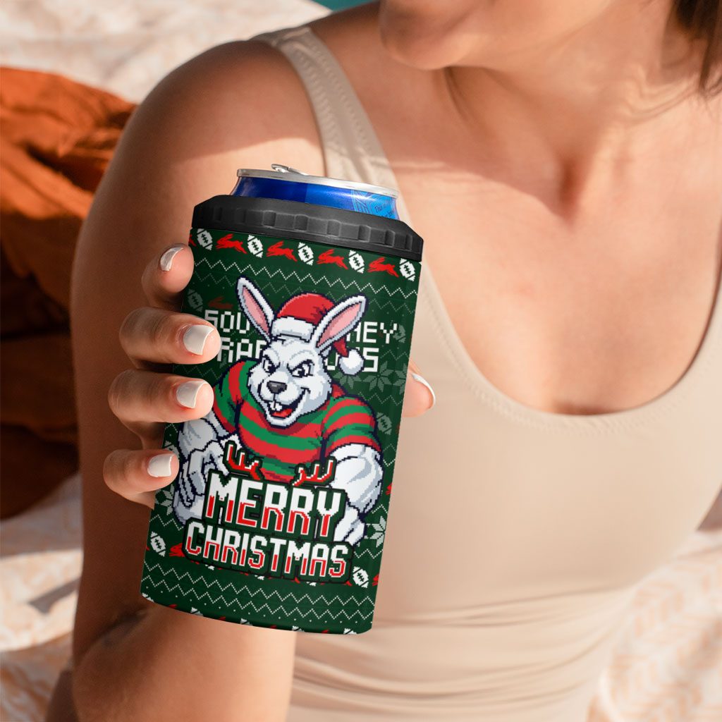Personalized South Sydney Rabbitohs Christmas 4 in 1 Can Cooler Tumbler Australian Rugby Fans - Pixelated Ugly Xmas Pattern Mascot Santa