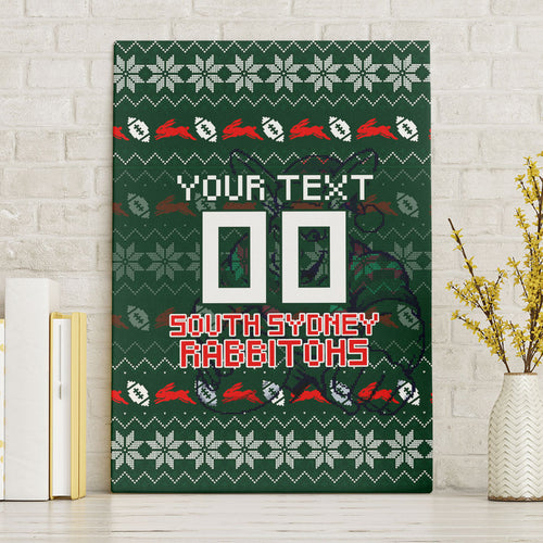 Personalized South Sydney Rabbitohs Christmas Canvas Wall Art Australian Rugby Fans - Pixelated Ugly Xmas Pattern Mascot Santa