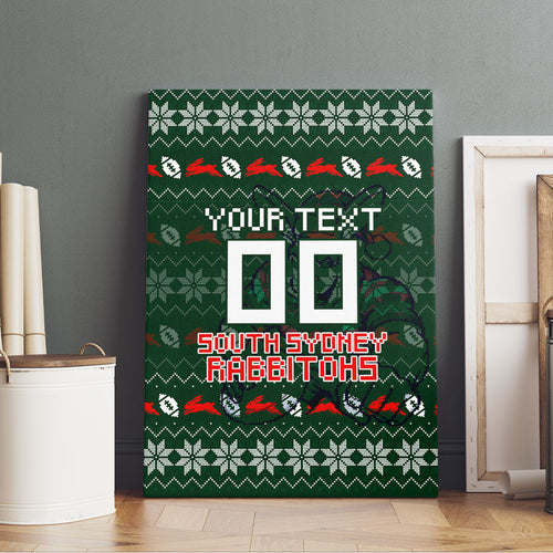 Personalized South Sydney Rabbitohs Christmas Canvas Wall Art Australian Rugby Fans - Pixelated Ugly Xmas Pattern Mascot Santa