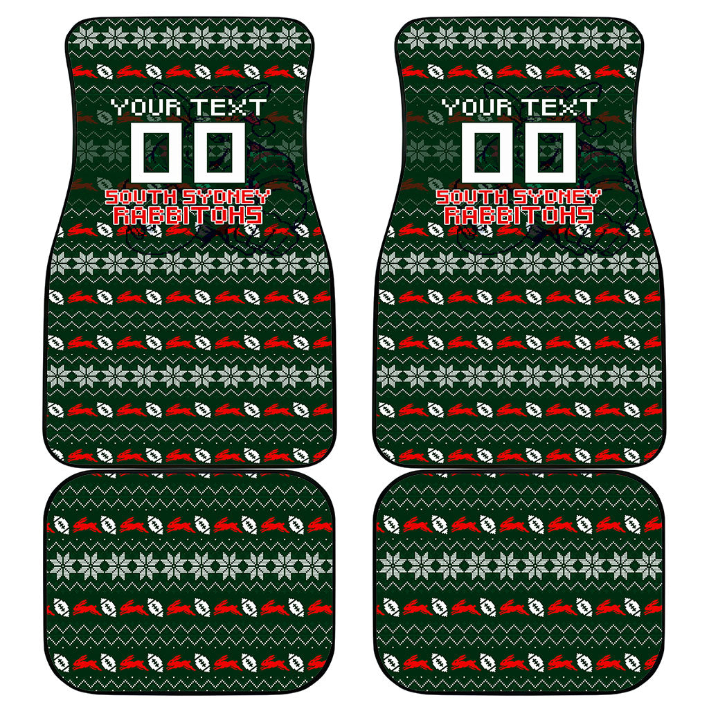 Personalized South Sydney Rabbitohs Christmas Car Mats Australian Rugby Fans - Pixelated Ugly Xmas Pattern Mascot Santa