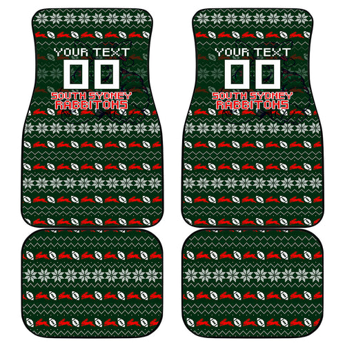 Personalized South Sydney Rabbitohs Christmas Car Mats Australian Rugby Fans - Pixelated Ugly Xmas Pattern Mascot Santa