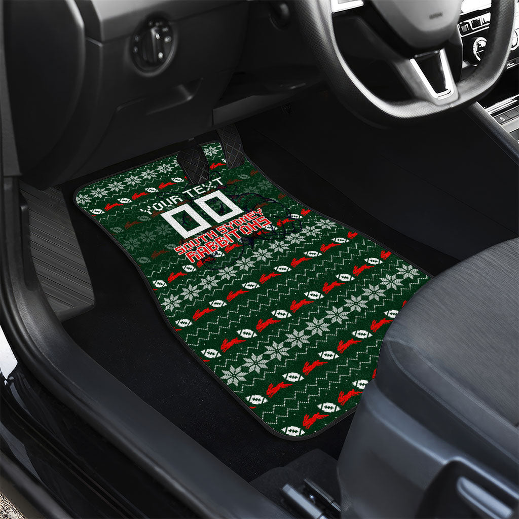 Personalized South Sydney Rabbitohs Christmas Car Mats Australian Rugby Fans - Pixelated Ugly Xmas Pattern Mascot Santa