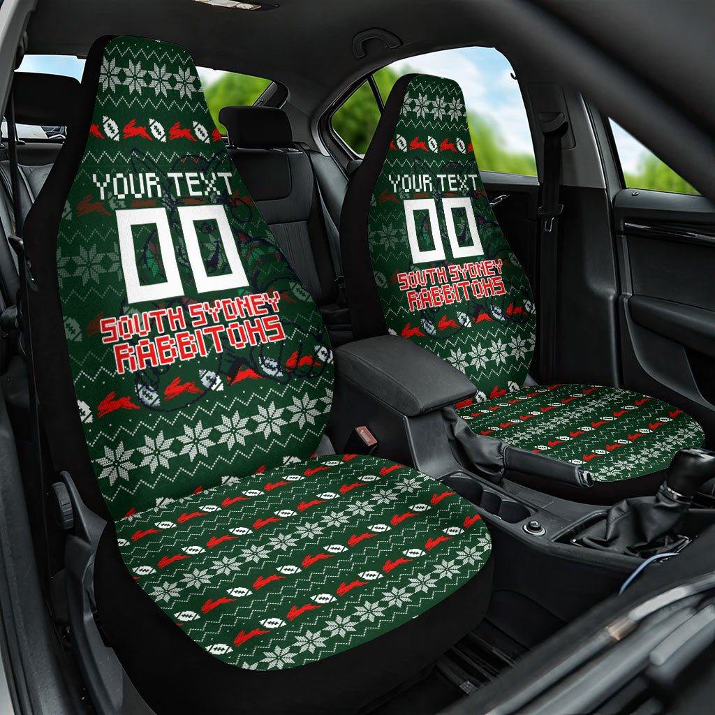 Personalized South Sydney Rabbitohs Christmas Car Seat Cover Australian Rugby Fans - Pixelated Ugly Xmas Pattern Mascot Santa