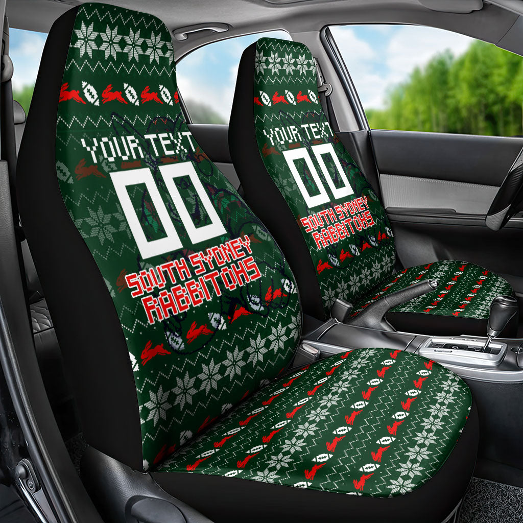 Personalized South Sydney Rabbitohs Christmas Car Seat Cover Australian Rugby Fans - Pixelated Ugly Xmas Pattern Mascot Santa