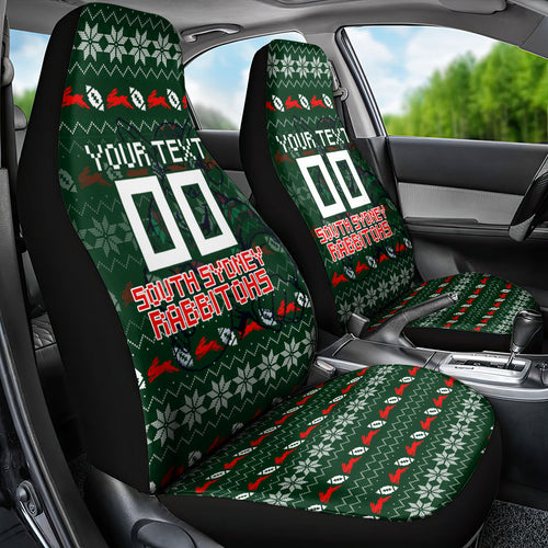 Personalized South Sydney Rabbitohs Christmas Car Seat Cover Australian Rugby Fans - Pixelated Ugly Xmas Pattern Mascot Santa