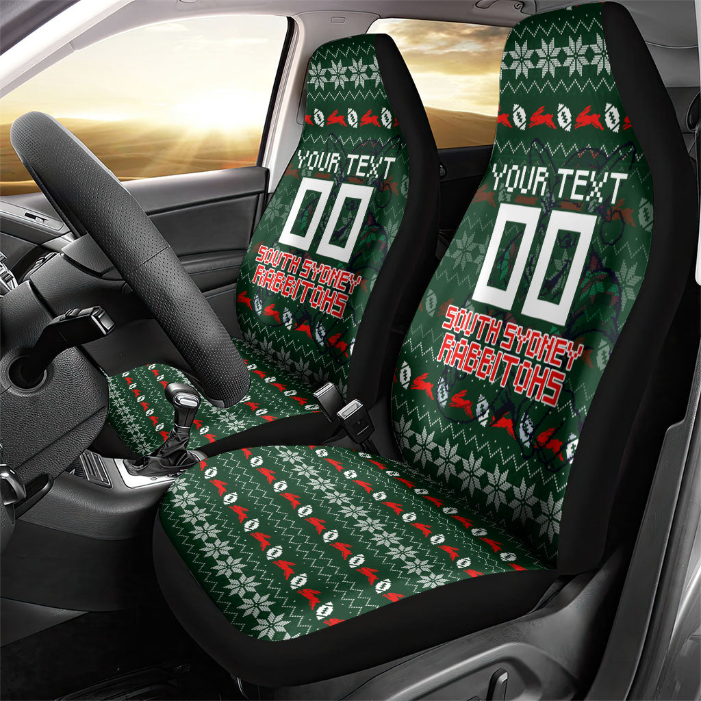 Personalized South Sydney Rabbitohs Christmas Car Seat Cover Australian Rugby Fans - Pixelated Ugly Xmas Pattern Mascot Santa