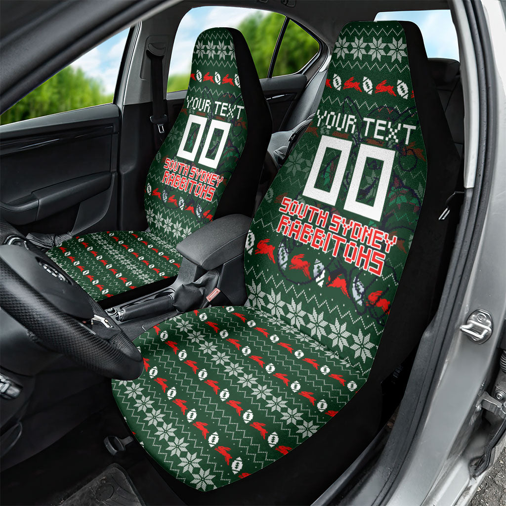 Personalized South Sydney Rabbitohs Christmas Car Seat Cover Australian Rugby Fans - Pixelated Ugly Xmas Pattern Mascot Santa