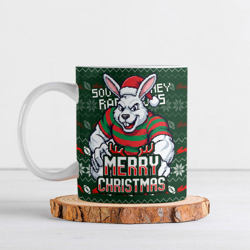 Personalized South Sydney Rabbitohs Christmas Ceramic Mug Australian Rugby Fans - Pixelated Ugly Xmas Pattern Mascot Santa
