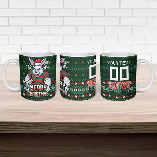 Personalized South Sydney Rabbitohs Christmas Ceramic Mug Australian Rugby Fans - Pixelated Ugly Xmas Pattern Mascot Santa