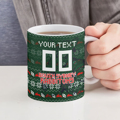 Personalized South Sydney Rabbitohs Christmas Ceramic Mug Australian Rugby Fans - Pixelated Ugly Xmas Pattern Mascot Santa