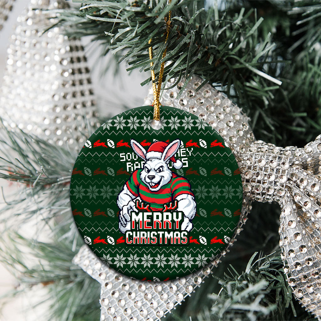 South Sydney Rabbitohs Christmas Ceramic Ornament Australian Rugby Fans - Pixelated Ugly Xmas Pattern Mascot Santa