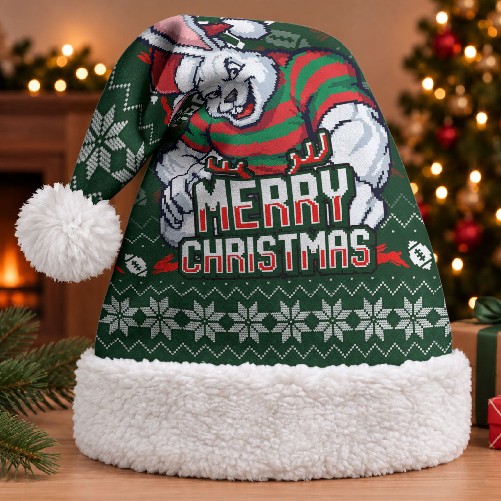 South Sydney Rabbitohs Christmas Santa Hat Australian Rugby Fans - Pixelated Ugly Xmas Pattern Mascot Santa