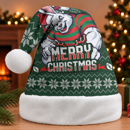 South Sydney Rabbitohs Christmas Santa Hat Australian Rugby Fans - Pixelated Ugly Xmas Pattern Mascot Santa