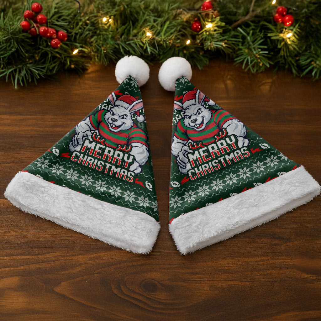 South Sydney Rabbitohs Christmas Santa Hat Australian Rugby Fans - Pixelated Ugly Xmas Pattern Mascot Santa