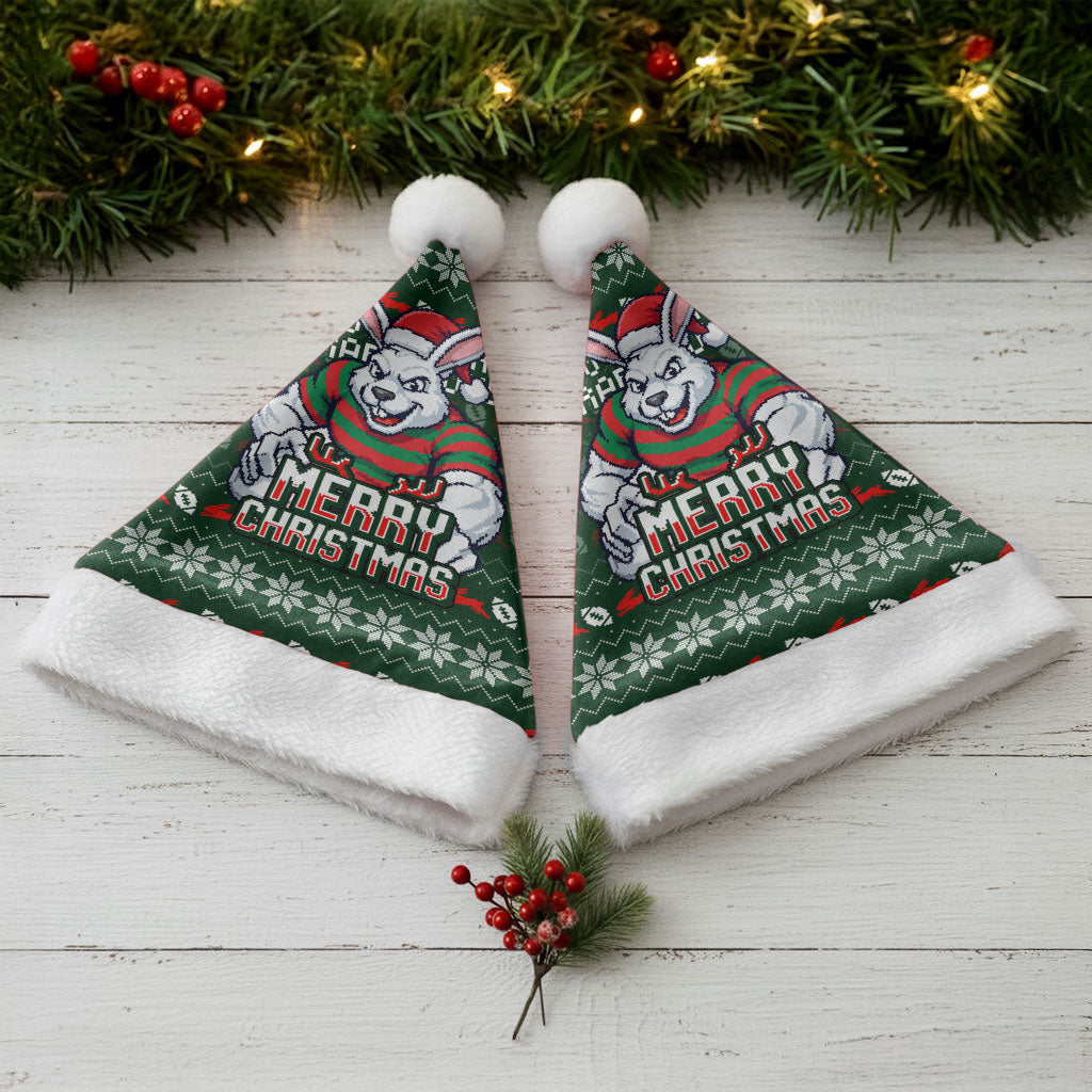 South Sydney Rabbitohs Christmas Santa Hat Australian Rugby Fans - Pixelated Ugly Xmas Pattern Mascot Santa