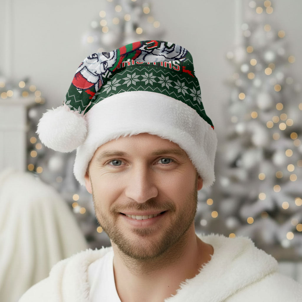 South Sydney Rabbitohs Christmas Santa Hat Australian Rugby Fans - Pixelated Ugly Xmas Pattern Mascot Santa