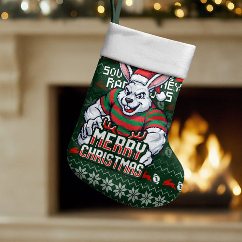 South Sydney Rabbitohs Christmas Stocking Australian Rugby Fans - Pixelated Ugly Xmas Pattern Mascot Santa