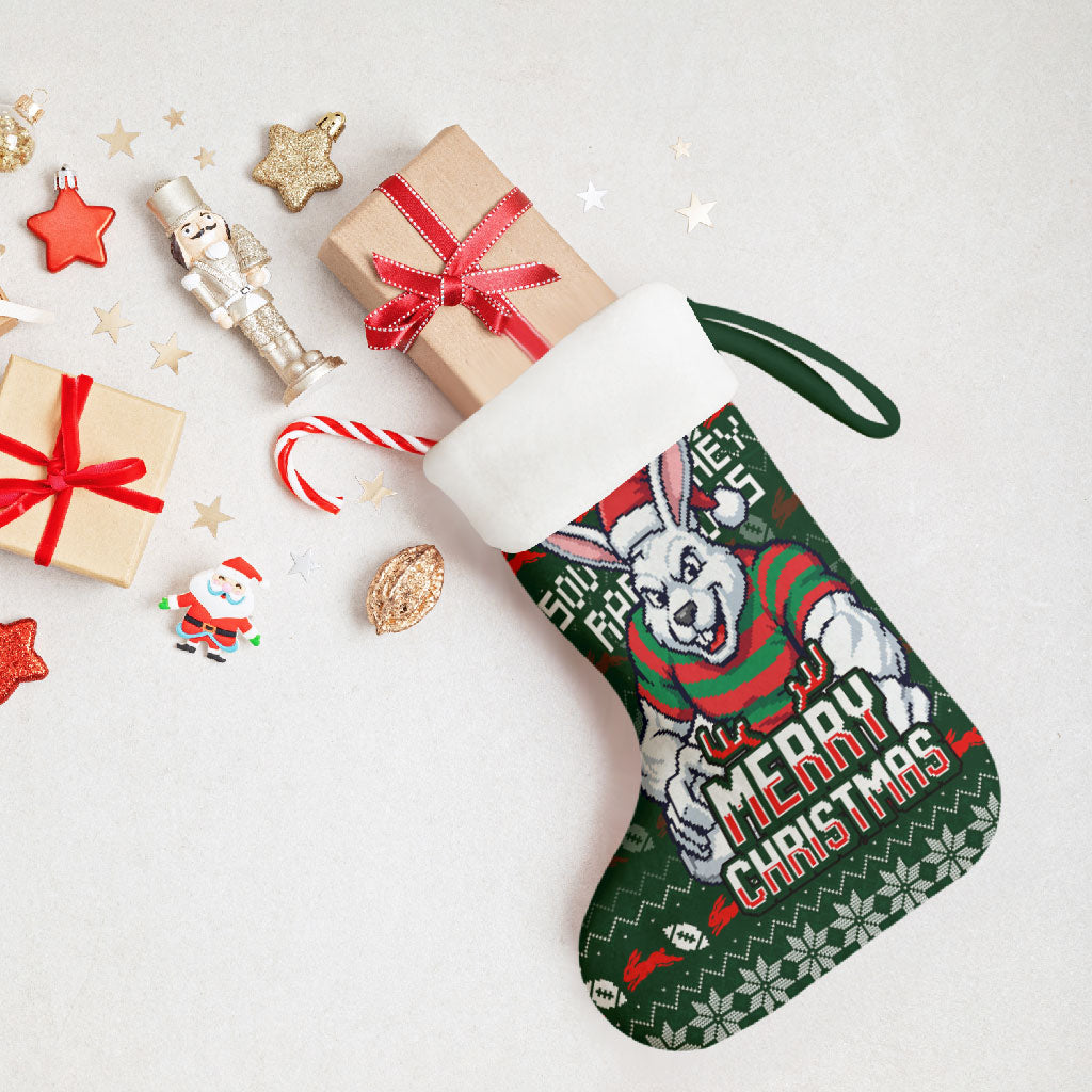 South Sydney Rabbitohs Christmas Stocking Australian Rugby Fans - Pixelated Ugly Xmas Pattern Mascot Santa