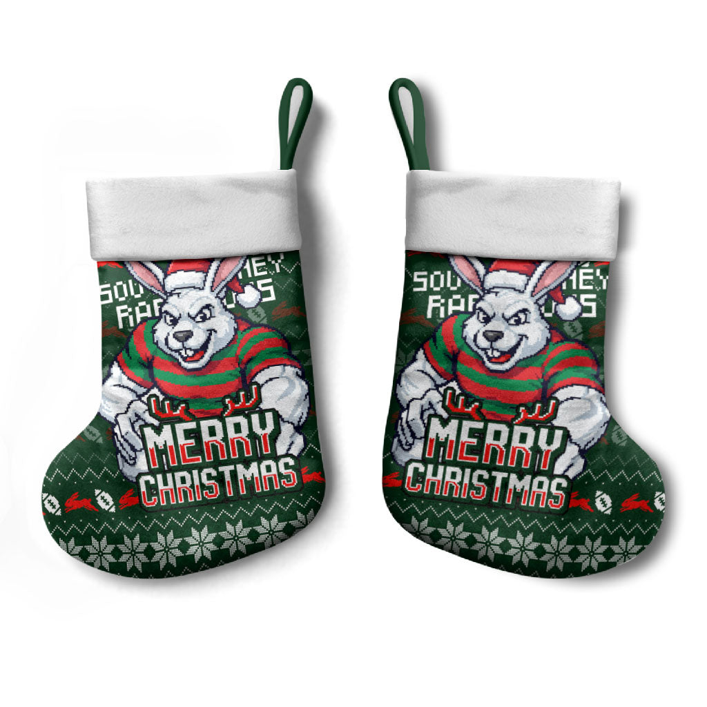South Sydney Rabbitohs Christmas Stocking Australian Rugby Fans - Pixelated Ugly Xmas Pattern Mascot Santa