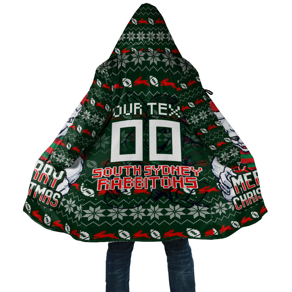 Personalized South Sydney Rabbitohs Christmas Cloak Australian Rugby Fans - Pixelated Ugly Xmas Pattern Mascot Santa