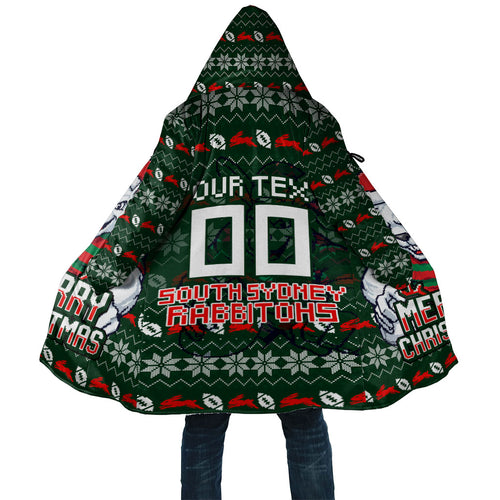Personalized South Sydney Rabbitohs Christmas Cloak Australian Rugby Fans - Pixelated Ugly Xmas Pattern Mascot Santa