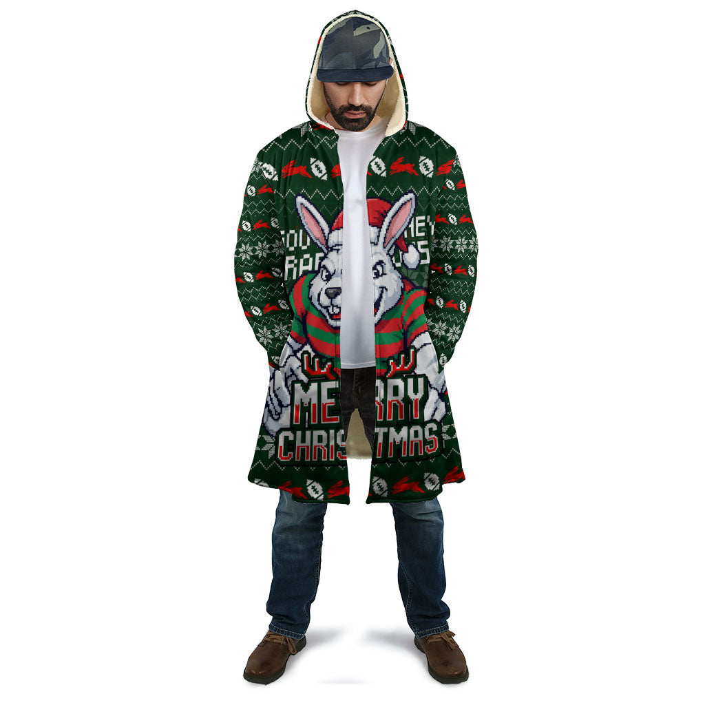 Personalized South Sydney Rabbitohs Christmas Cloak Australian Rugby Fans - Pixelated Ugly Xmas Pattern Mascot Santa