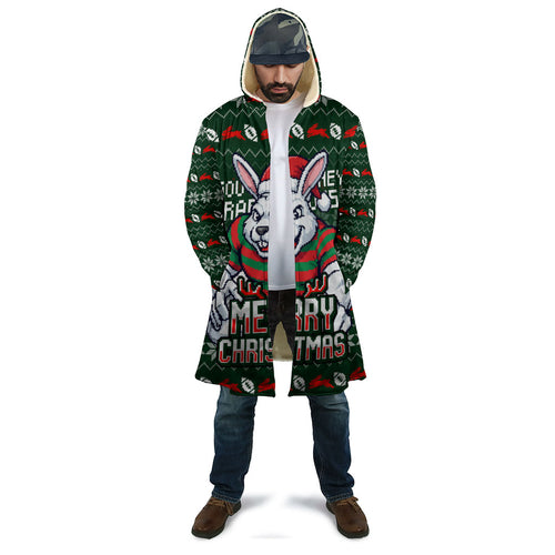 Personalized South Sydney Rabbitohs Christmas Cloak Australian Rugby Fans - Pixelated Ugly Xmas Pattern Mascot Santa