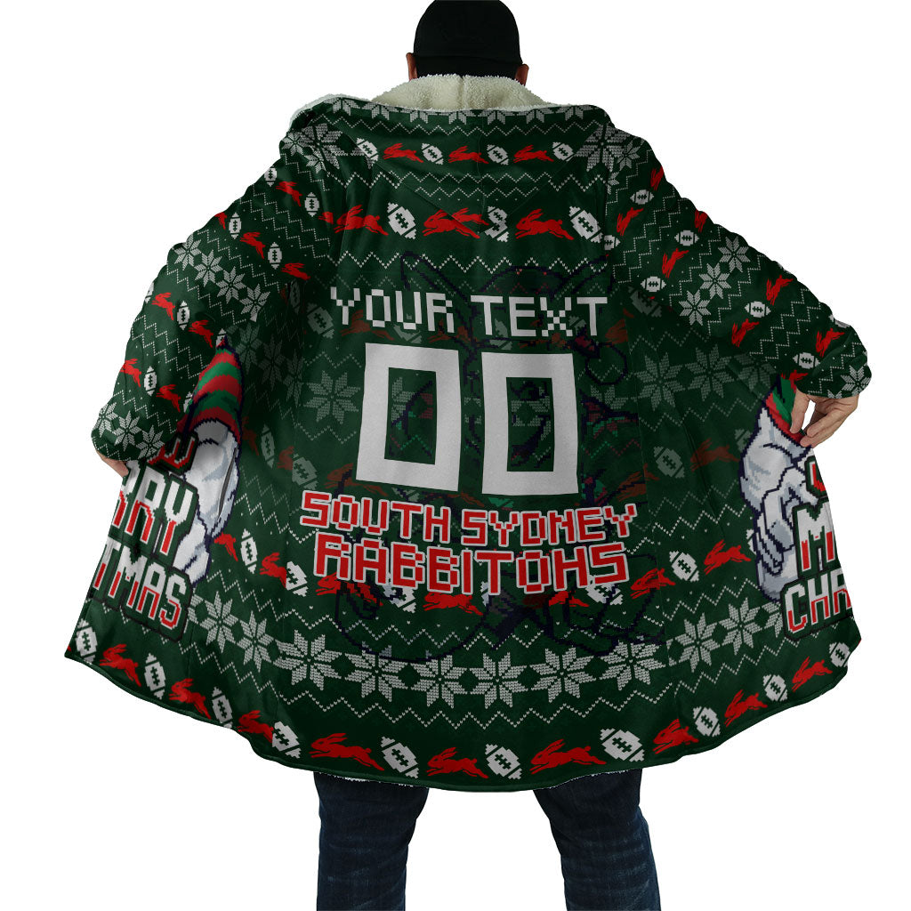 Personalized South Sydney Rabbitohs Christmas Cloak Australian Rugby Fans - Pixelated Ugly Xmas Pattern Mascot Santa