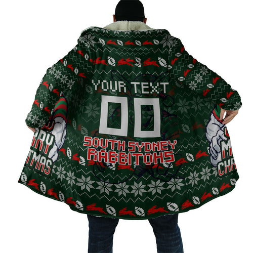 Personalized South Sydney Rabbitohs Christmas Cloak Australian Rugby Fans - Pixelated Ugly Xmas Pattern Mascot Santa