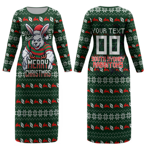 Personalized South Sydney Rabbitohs Christmas Couples Matching Long Sleeve Bodycon Dress and Hawaiian Shirt Australian Rugby Fans - Pixelated Ugly Xmas Pattern Mascot Santa