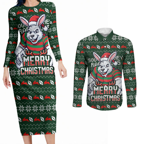 Personalized South Sydney Rabbitohs Christmas Couples Matching Long Sleeve Bodycon Dress and Long Sleeve Button Shirt Australian Rugby Fans - Pixelated Ugly Xmas Pattern Mascot Santa
