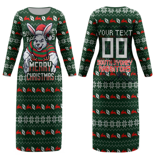 Personalized South Sydney Rabbitohs Christmas Couples Matching Long Sleeve Bodycon Dress and Long Sleeve Button Shirt Australian Rugby Fans - Pixelated Ugly Xmas Pattern Mascot Santa