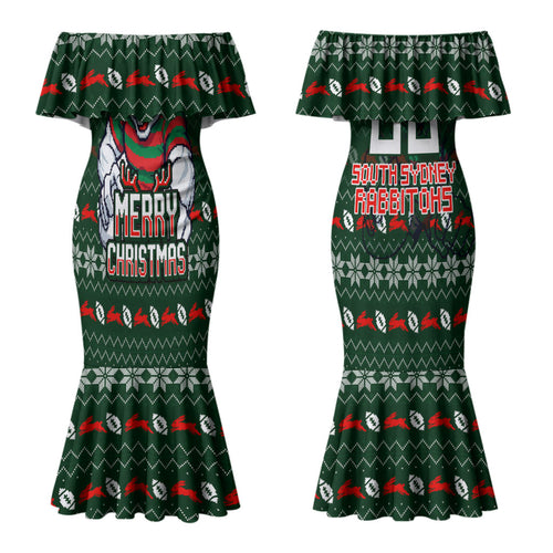 Personalized South Sydney Rabbitohs Christmas Couples Matching Mermaid Dress and Hawaiian Shirt Australian Rugby Fans - Pixelated Ugly Xmas Pattern Mascot Santa