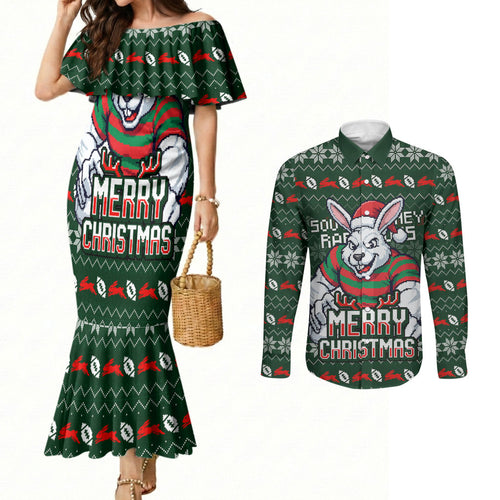 Personalized South Sydney Rabbitohs Christmas Couples Matching Mermaid Dress and Long Sleeve Button Shirt Australian Rugby Fans - Pixelated Ugly Xmas Pattern Mascot Santa