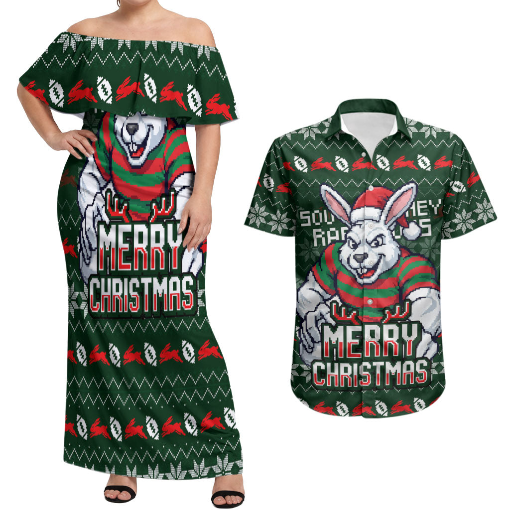 Personalized South Sydney Rabbitohs Christmas Couples Matching Off Shoulder Maxi Dress and Hawaiian Shirt Australian Rugby Fans - Pixelated Ugly Xmas Pattern Mascot Santa