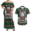 Personalized South Sydney Rabbitohs Christmas Couples Matching Off Shoulder Maxi Dress and Hawaiian Shirt Australian Rugby Fans - Pixelated Ugly Xmas Pattern Mascot Santa