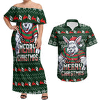 Personalized South Sydney Rabbitohs Christmas Couples Matching Off Shoulder Maxi Dress and Hawaiian Shirt Australian Rugby Fans - Pixelated Ugly Xmas Pattern Mascot Santa