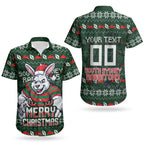 Personalized South Sydney Rabbitohs Christmas Couples Matching Off Shoulder Maxi Dress and Hawaiian Shirt Australian Rugby Fans - Pixelated Ugly Xmas Pattern Mascot Santa