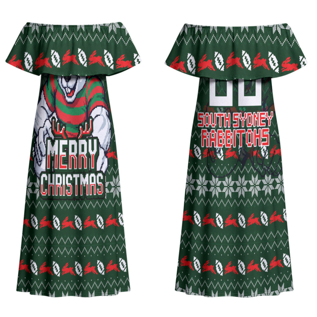 Personalized South Sydney Rabbitohs Christmas Couples Matching Off Shoulder Maxi Dress and Hawaiian Shirt Australian Rugby Fans - Pixelated Ugly Xmas Pattern Mascot Santa