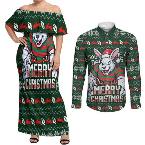 Personalized South Sydney Rabbitohs Christmas Couples Matching Off Shoulder Maxi Dress and Long Sleeve Button Shirt Australian Rugby Fans - Pixelated Ugly Xmas Pattern Mascot Santa