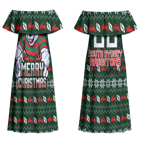 Personalized South Sydney Rabbitohs Christmas Couples Matching Off Shoulder Maxi Dress and Long Sleeve Button Shirt Australian Rugby Fans - Pixelated Ugly Xmas Pattern Mascot Santa
