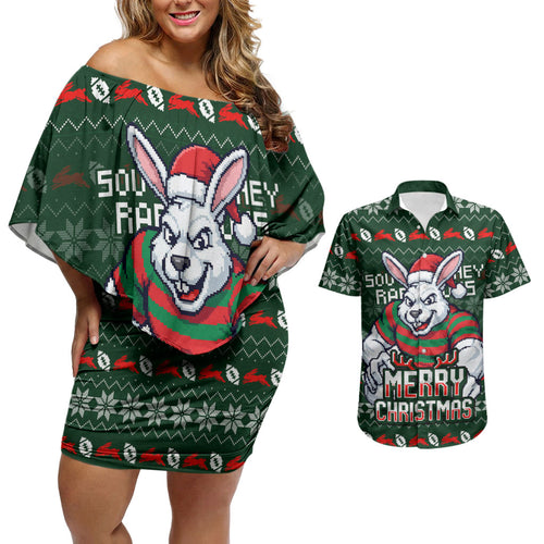 Personalized South Sydney Rabbitohs Christmas Couples Matching Off Shoulder Short Dress and Hawaiian Shirt Australian Rugby Fans - Pixelated Ugly Xmas Pattern Mascot Santa
