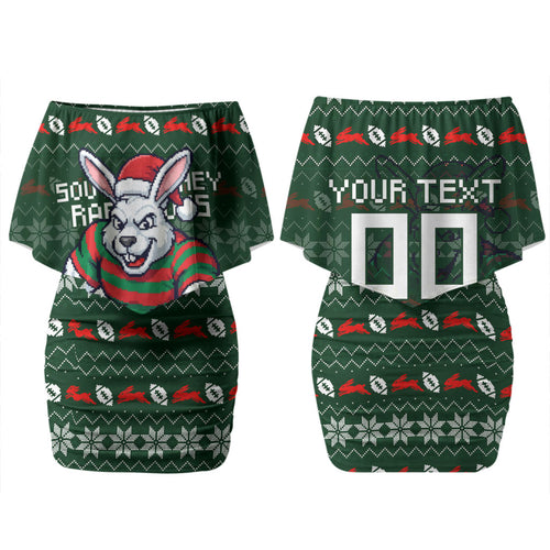 Personalized South Sydney Rabbitohs Christmas Couples Matching Off Shoulder Short Dress and Hawaiian Shirt Australian Rugby Fans - Pixelated Ugly Xmas Pattern Mascot Santa