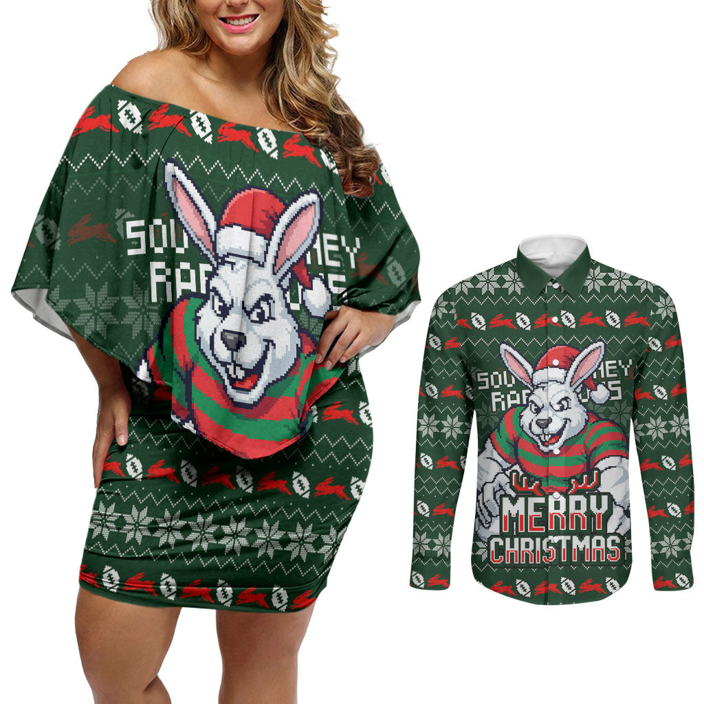 Personalized South Sydney Rabbitohs Christmas Couples Matching Off Shoulder Short Dress and Long Sleeve Button Shirt Australian Rugby Fans - Pixelated Ugly Xmas Pattern Mascot Santa