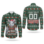 Personalized South Sydney Rabbitohs Christmas Couples Matching Off Shoulder Short Dress and Long Sleeve Button Shirt Australian Rugby Fans - Pixelated Ugly Xmas Pattern Mascot Santa